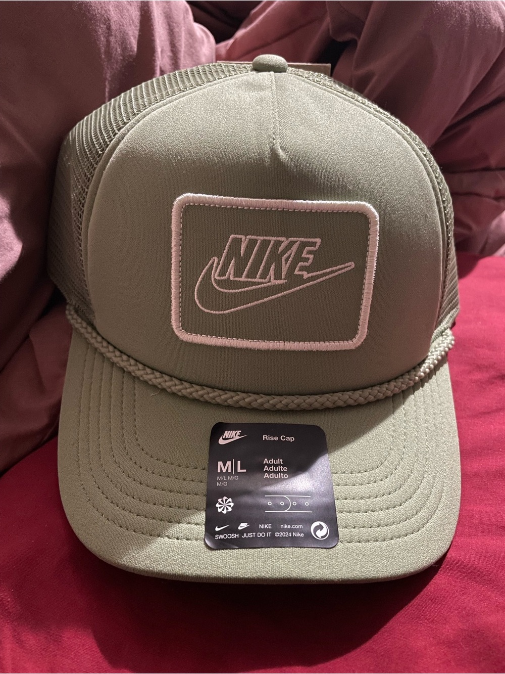Nike Olive Green Trucker Cap with Pink Logo Trim